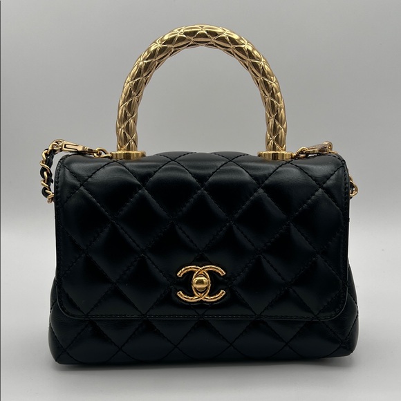 CHANEL Handbags - CHANEL Shiny Calfskin Quilted Mini Coco Chain Gold Handle Flap Black Bag